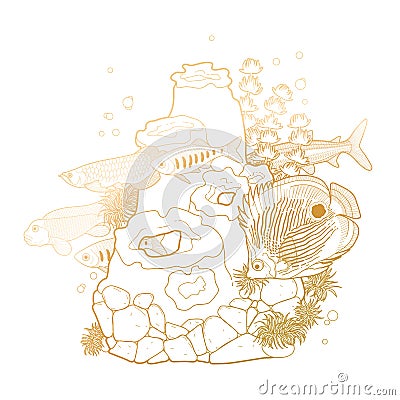 Graphic aquarium fish with coral reef Vector Illustration