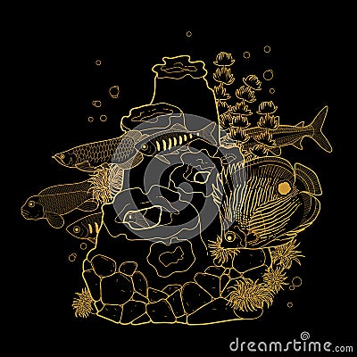 Graphic aquarium fish with coral reef Vector Illustration