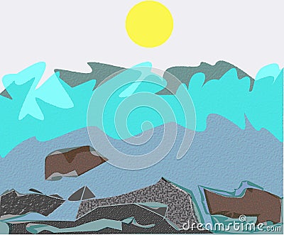 Graphic Beach Waves Sunset View Vector Illustration