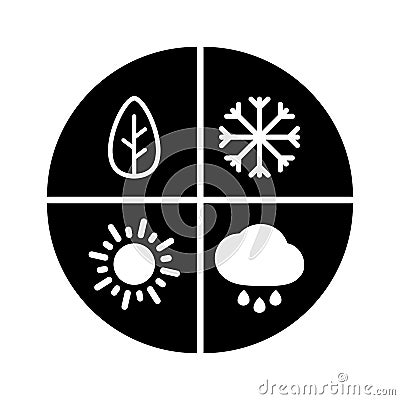 Graphic black flat vector all four seasons icon isolated. Winter, spring, summer, autumn - all year round sign. Snow, rain and sun Vector Illustration