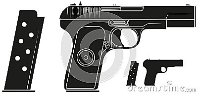 Graphic silhouette handgun pistol with ammo clip Vector Illustration