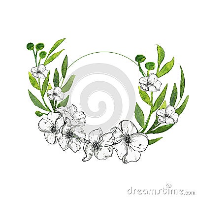 Postcards for congratulations, invitations, logos. Graphic black white flowers with leaves in the background. Stock Photo