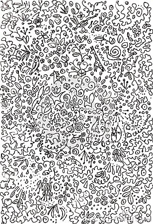 Graphic black and white linear doodle drawing with abstract elements, animals and plants Cartoon Illustration