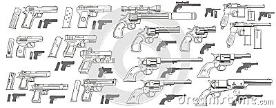 Graphic black and white pistols and revolvers Vector Illustration