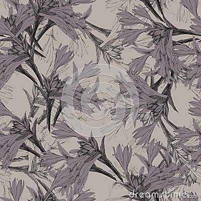 Graphic branch lily on milk background. Floral seamless pattern for design. Stock Photo