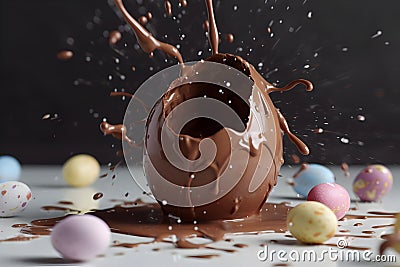 Chocolate eggs that are covered in liquid chocolate, with the chocolate splashing and dripping around them. Stock Photo