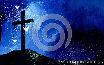 Graphic Christian Cross silhouette and spiritual doves against abstract texture background Cartoon Illustration