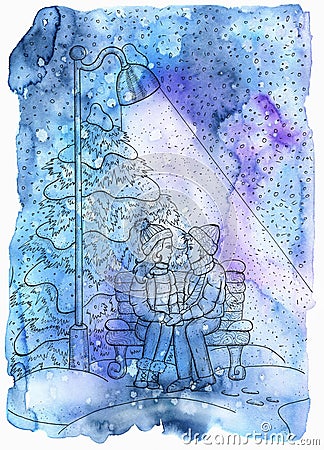 Graphic Christmas and New Year greeting card with couple in love sitting on the bench under lantern light in snow fall in the park Cartoon Illustration