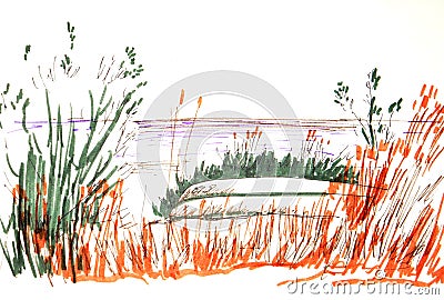 Graphic color travel sketch an upturned boat is lying among the coastal grass on the beach Cartoon Illustration