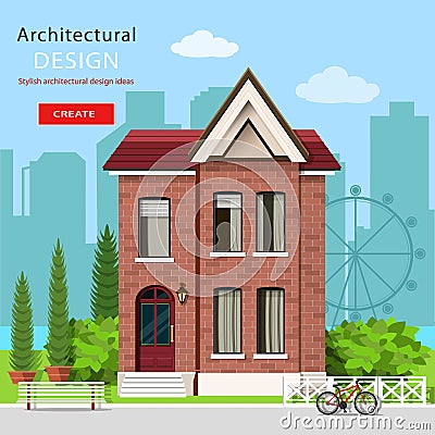 Graphic contemporary luxury house with green yard and city background. European modern architecture. Vector illustration. Vector Illustration