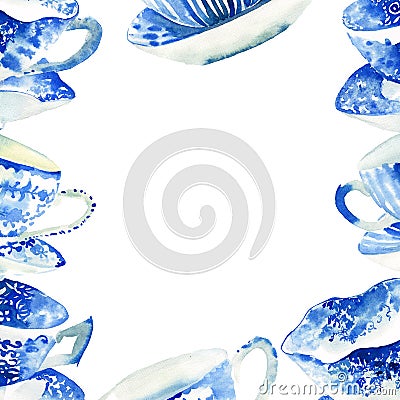 Graphic cute lovely tender wonderful light blue porcelain china tea cups frame watercolor hand illustration Cartoon Illustration