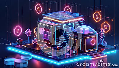 Graphic of 3D model of an AIpowered smart home with glowing hexagon patterns and neon abstract art elements Stock Photo
