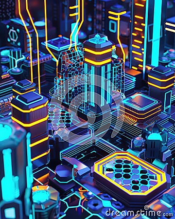 Graphic of 3D model of a hitech logistics hub in a neonlit environment with glowing hexagon patterns and abstract art elements Stock Photo