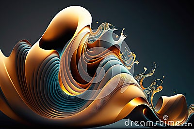 Graphic 3D render abstract geometric background in form of gray golden sinuous waves, generative ai Stock Photo