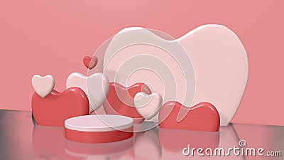 Graphic 3d render background theme pinky love heart with podium for product. Stock Photo