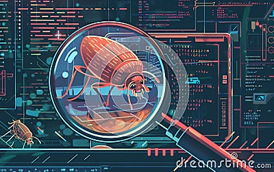 A graphic depiction of a bug magnified on a computer screen surrounded by lines of code highlighting the process of bug fixing Stock Photo