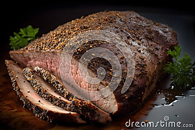 This graphic depicts a beautifully roasted joint of meat that appears perfectly cooked, juicy, and browned. Stock Photo