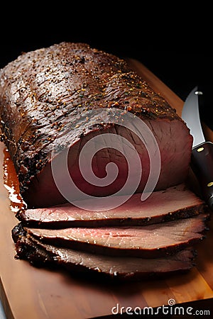 This graphic depicts a beautifully roasted joint of meat that appears perfectly cooked, juicy, and browned. Stock Photo