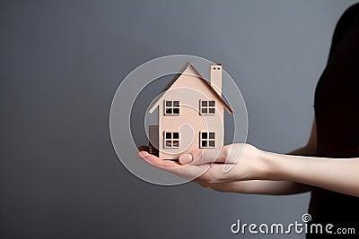 Hand with a wooden house resting on its palm. Stock Photo