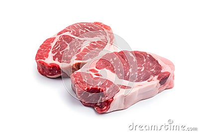 Piece of pork meat intended for a cutlet, with a high fat content, placed on a white background. Stock Photo