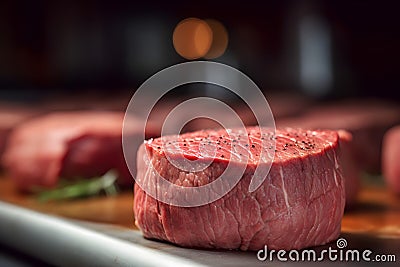 Raw, lean beef steak on a dark background. The meat is perfectly sliced and ready for cooking on a grill. Stock Photo