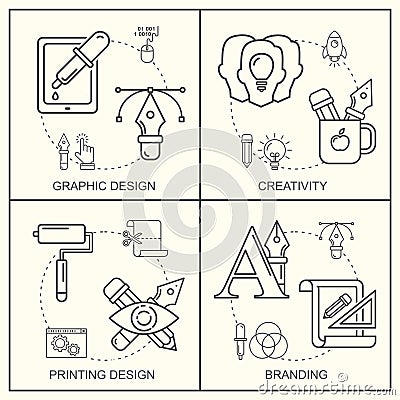 Graphic desGraphic designer profession pattern with gray linear icons. Vector Illustration