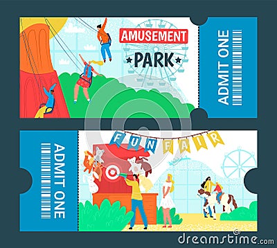 Graphic design cartoon colorful amusement park tickets, vector illustration. People in fairground have fun, ride Vector Illustration