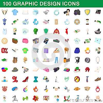 100 graphic design icons set, cartoon style Vector Illustration