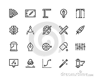 Graphic design line icons. Drawing and art tools, soft and supplies, graphic tablet pallet artwork professional Vector Illustration