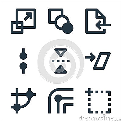 graphic design line icons. linear set. quality vector line set such as artboard, stroke, node, shear, flip, nodes, import, blend Vector Illustration