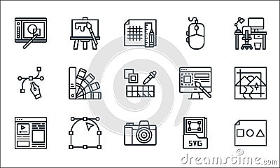 Graphic design line icons. linear set. quality vector line set such as basic shapes, camera, layout, svg file, anchor point, web Vector Illustration