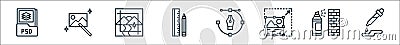 graphic design line icons. linear set. quality vector line set such as color selection, graffiti, photo editing, pen tool, drawing Vector Illustration