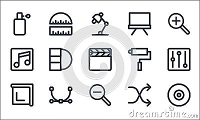 Graphic design line icons. linear set. quality vector line set such as compact disk, zoom out, crop, shuffle, music, paint roller Vector Illustration