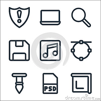 Graphic design line icons. linear set. quality vector line set such as crop, psd, brush, music, diskette, search, laptop Vector Illustration