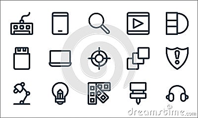 Graphic design line icons. linear set. quality vector line set such as headphone, color palette, desk lamp, push pin, idea, usb, Vector Illustration