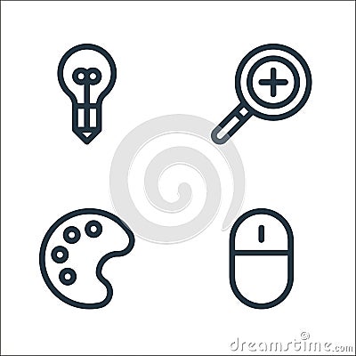 graphic design line icons. linear set. quality vector line set such as mouse, color palette, zoom in Vector Illustration
