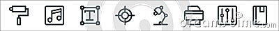 Graphic design line icons. linear set. quality vector line set such as note book, equalizer, printer, desk lamp, taget, text box, Vector Illustration