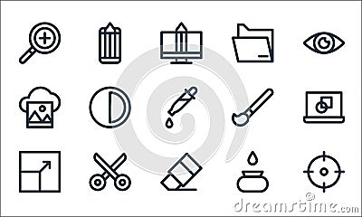 graphic design line icons. linear set. quality vector line set such as target, rubber, resize, inkwell, scissors, cloud computing Vector Illustration
