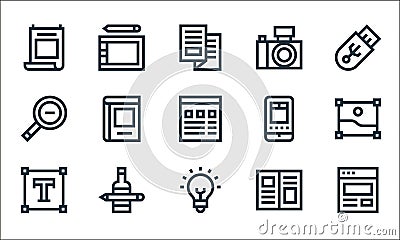 graphic design line icons. linear set. quality vector line set such as webpage, idea, text, editorial, packaging, zoom out, Vector Illustration