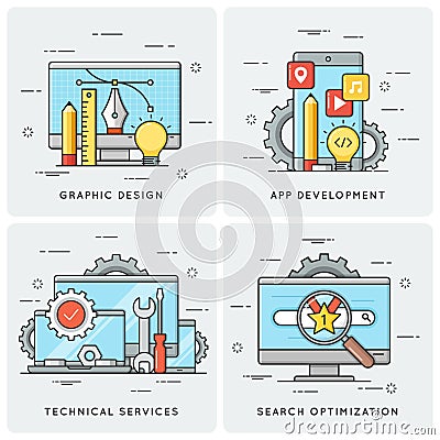 Graphic design. Mobile app development. Technical services. SEO Vector Illustration