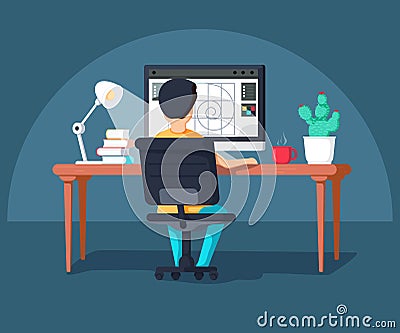 Graphic design professional in the middle of workflow, back view. Cool flat design illustration Cartoon Illustration