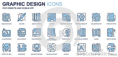 Graphic design web icons set in duotone line design. Pack of tools, coding, premium quality, color palette, prototyping Vector Illustration