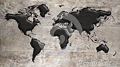 Graphic design wooden world map in black liquid texture Stock Photo