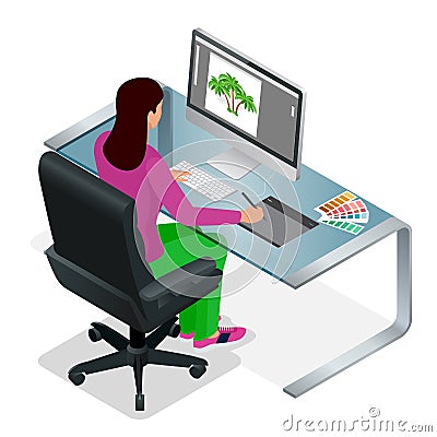 Graphic designer or artist at work. Drawing something on graphic tablet at the office. Vector Illustration