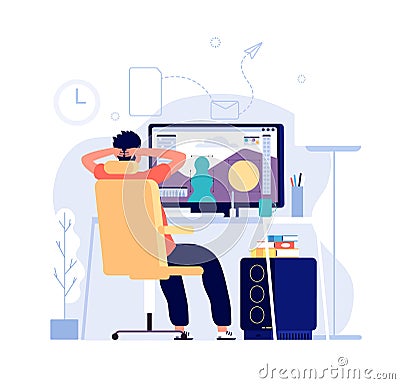 Graphic designer concept. Man at computer works at home office with graphic editor app on monitor and makes design Vector Illustration