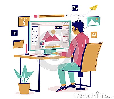 Graphic designer creating his artwork, vector flat isometric illustration Vector Illustration