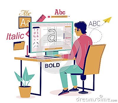 Graphic designer creating his own font, vector flat isometric illustration Vector Illustration