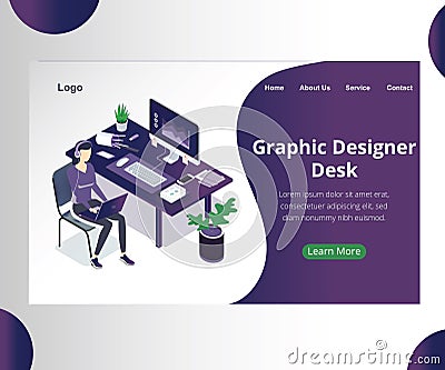 Graphic designer Desk isometric Artwork Concept of a designer working for a client Stock Photo