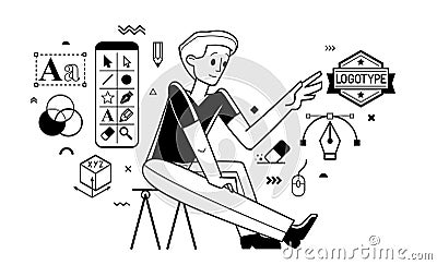 Graphic designer doing some creative job using computer software, digital visual artist working on a project vector outline Vector Illustration