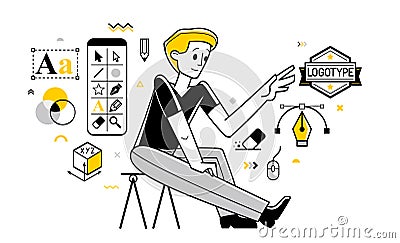 Graphic designer doing some creative job using computer software, digital visual artist working on a project vector outline Vector Illustration